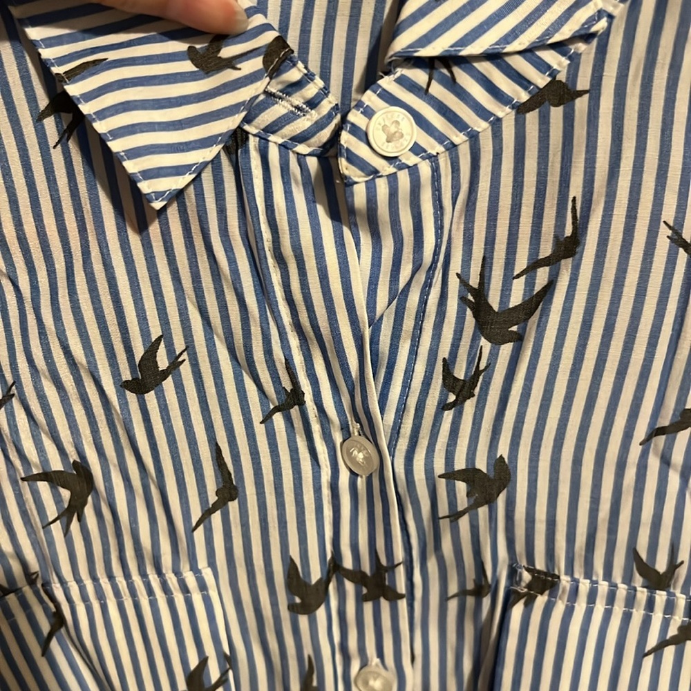 Express Blue and White Striped Bird Print Button Down Shirt Blouse - Picture 6 of 7